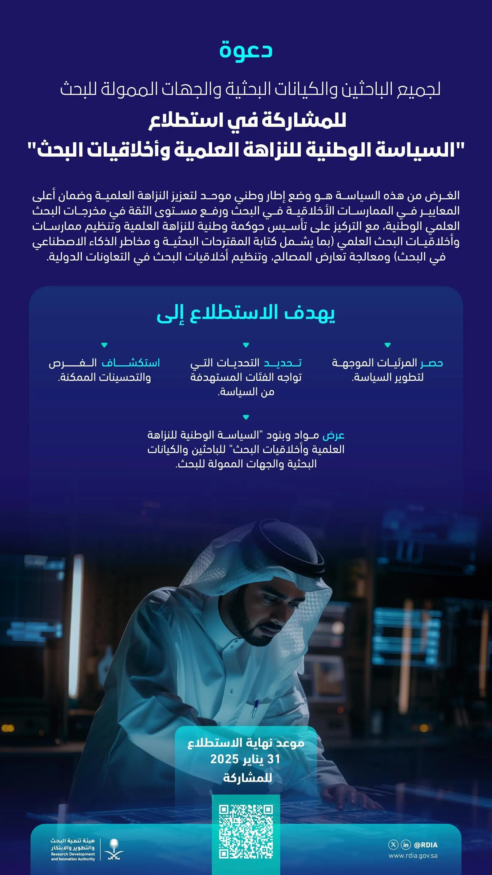 علوم وتقنيات / "هيئة الابتكار" تدعو المختصين للمشاركة في استطلاع السياسة الوطنية للنزاهة العلمية وأخلاقيات البحث